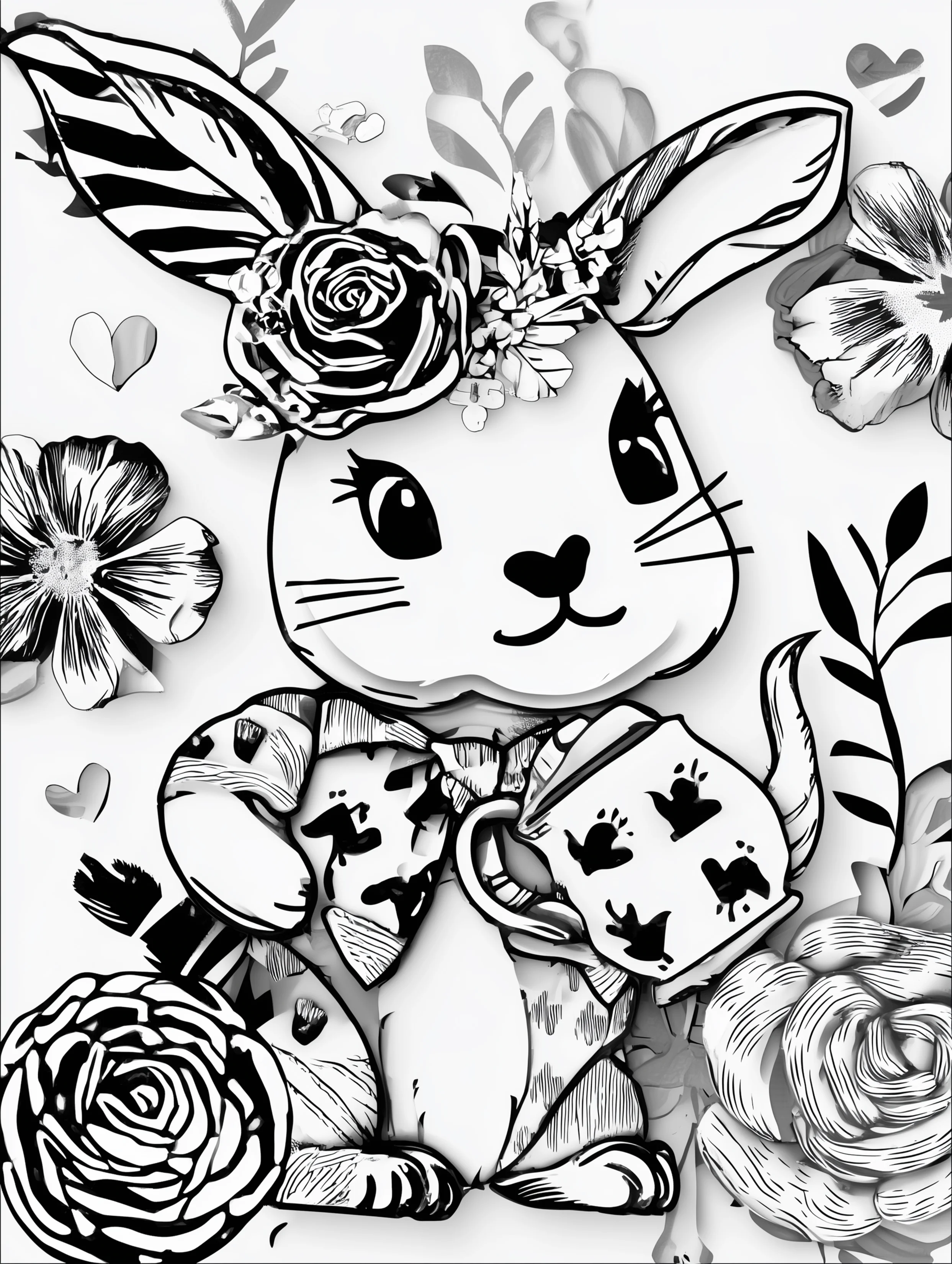 Free printable rabbit coloring page for adults featuring a bunny with a teapot